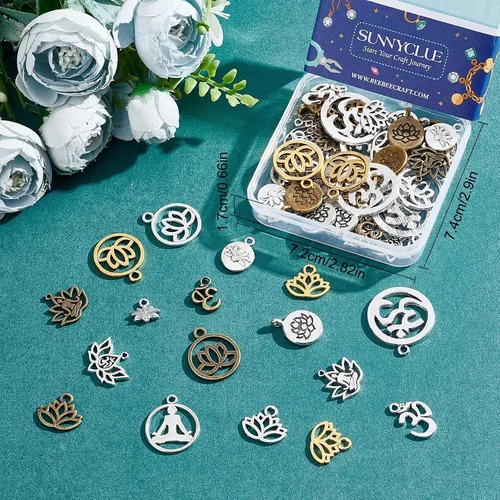 Miniatura 7 de SUNNYCLUE 1 caja 68 dijes de loto para yoga, flor de loto, dije hueco OM Yoga Chakra Energía Dijes planos redondos para hacer joyas, collares