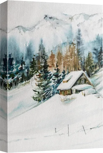 SIGNWIN Lienzo impreso para pared, diseño de bosque y guardería, cabaña de troncos, invierno, nieve, montaña, bosque, ilustraciones de naturaleza,