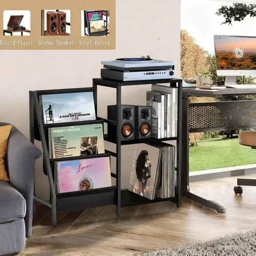 Miniatura 7 de Soporte para tocadiscos, soporte para tocadiscos con almacenamiento de discos de vinilo, soportes para tocadiscos, mesa auxiliar marrón para sala