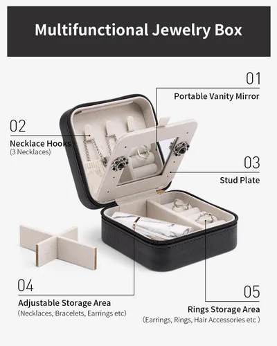 Miniatura 3 de Vlando Estuche de joyería de viaje, caja organizadora de viaje pequeña para niñas y mujeres con espejo negro