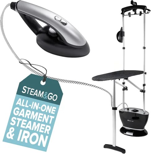Steam & Go - Vaporizador y plancha todo en uno, vaporizador a presión para ropa con tabla de planchar y colgador de ropa, vaporizador de tela de