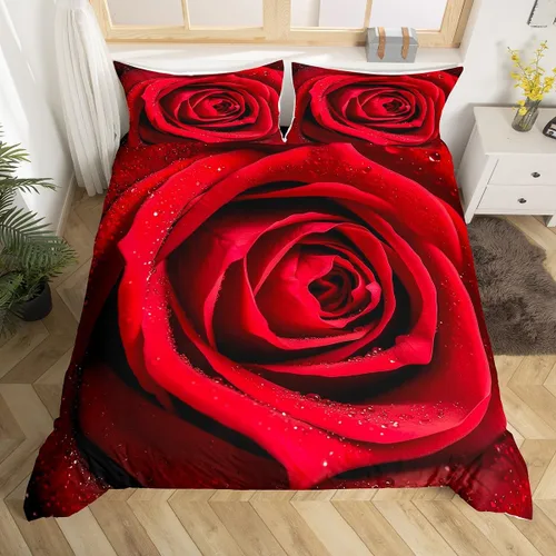 Miniatura 17 de Juego de funda de edredón de rosa roja, tamaño matrimonial, juego de ropa de cama floral color rojo degradado y negro para niñas, mujeres, niños