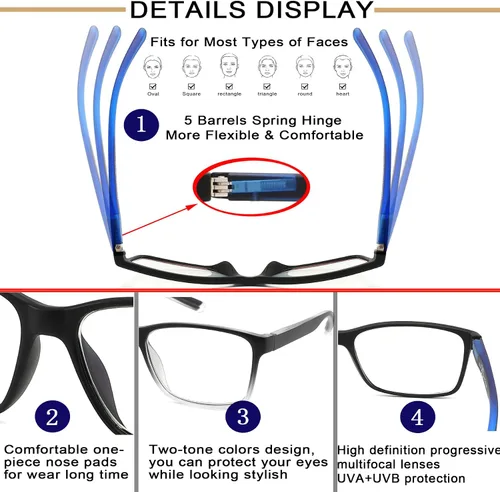 Miniatura 4 de 2 Pack Progressive Multifocus Reading Glasses for Men,Blue Light Blocking Multifocal Computer Readers