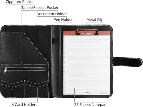 Miniatura 4 de Cuaderno Portafolio de Cuero con Carpeta, Portapapeles de Almacenamiento con Cubierta para Soporte de Bloc Legal Tamaño Carta A4, Bloc de Escritura