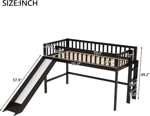 Miniatura 2 de Majnesvon Cama baja de tamaño individual con escalera y tobogán, muebles de dormitorio de madera con barandillas para niños, niñas, fácil de montar