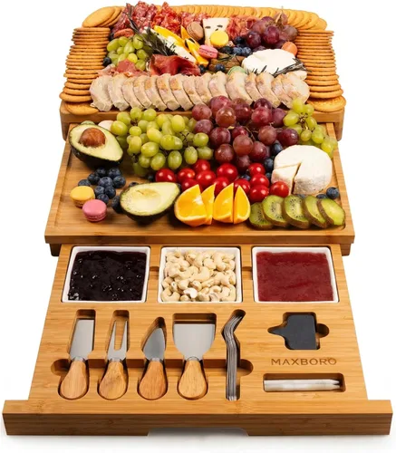 Juego de tablas de charcutería extra grandes de 33.7 x 15.7 pulgadas, juego de tabla de queso y cuchillos 100% de bambú, bandeja de plato de queso