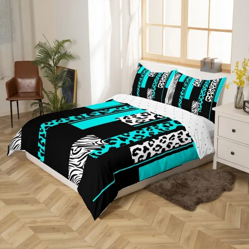 Miniatura 2 de Juego de ropa de cama con estampado de cebra de leopardo, tamaño Queen, para niños, color verde azulado, blanco, negro, juego de funda de edredón