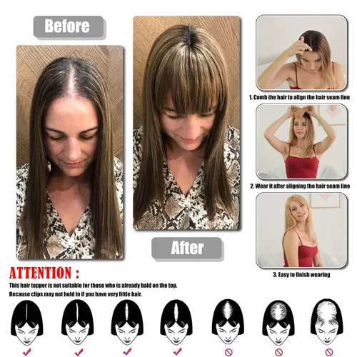 Miniatura 6 de JGS1996 Toppers de cabello humano real para mujer, con flequillo, pelucas de cabello humano 100% Remy, piezas de cabello para adelgazar