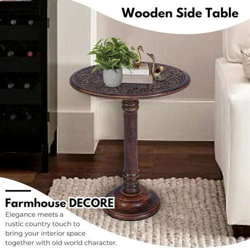 Miniatura 4 de Mesa auxiliar para sala de estar – Mesa auxiliar de madera de mango tallada a mano de 18x22 pulgadas, Mesa de acento tipo pedestal para mesita