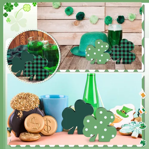 Miniatura 4 de Jetec 4 piezas de decoración de trébol de madera del día de San Patricio, decoración de bandeja escalonada del día de San Patricio, trébol verde