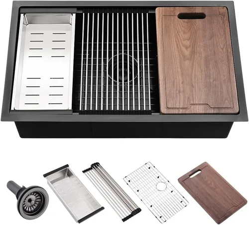 Fregadero de cocina negro de 25 pulgadas para montaje inferior, fregadero de cocina de acero inoxidable negro de 25 x 19 pulgadas, fregadero de