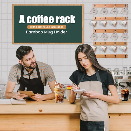 Miniatura 6 de Soporte para taza de café montado en la pared, estante grande de 5 niveles con 20 ganchos para tazas, estante de exhibición de madera rústica