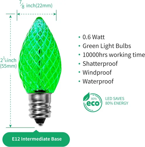 Miniatura 2 de Meconard Bombillas LED C7 de repuesto para Navidad, bombillas LED inastillables C7 para luces de Navidad para interiores y exteriores, base de Verde