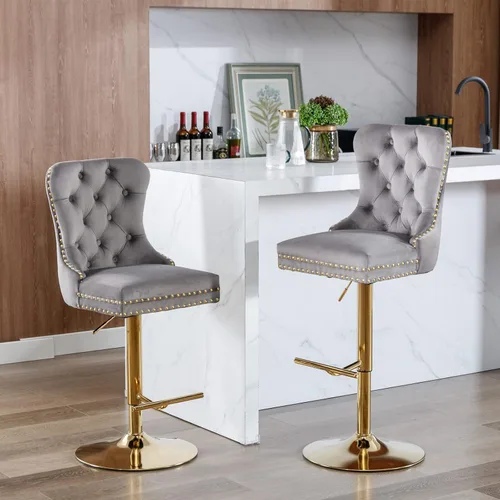 Miniatura 25 de Taburete de bar giratorio con respaldo copetudo, taburetes de bar ajustables en altura de mostrador, ribete de cabeza de clavo, silla de bar Beige +