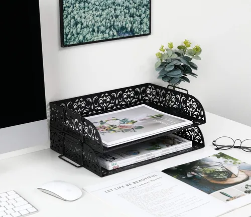 Miniatura 7 de EasyPAG, charola para escritorio de 2 niveles para cartas, diseño calado de flores, Negro