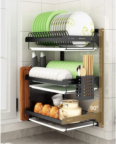 Miniatura 8 de Escurridor de platos montado en la pared de acero inoxidable 201 con bandeja de drenaje, estante de cocina de 3 capas, organizador de utensilios