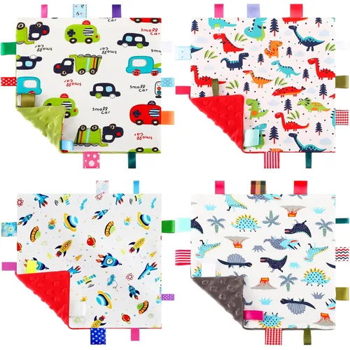 Breling 4 mantas de seguridad con etiquetas de bebé para comodidad del bebé con etiquetas de colores, toalla calmante para cama de animales, 9.5 x