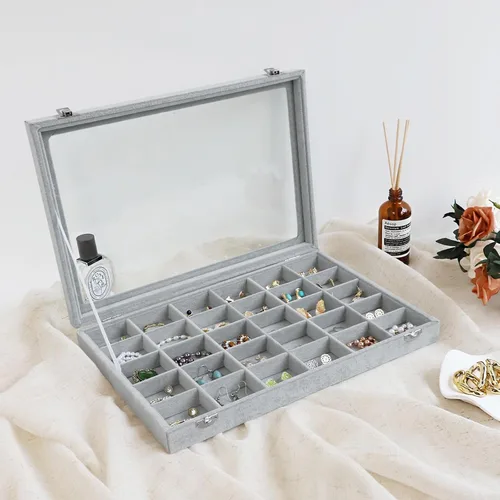 Miniatura 4 de Wudygirl Organizador de joyas de terciopelo con 30 rejillas, caja de joyas, bandeja de joyería con tapa transparente, estuche de almacenamiento