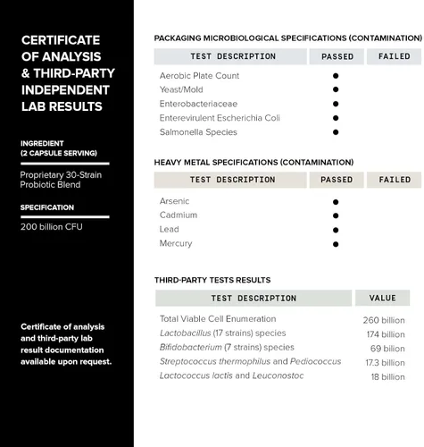 Miniatura 5 de Toniiq Suplemento probiótico de 200 mil millones de UFC, 30 cepas verificadas probadas por terceros, fórmula de probióticos totalmente estable
