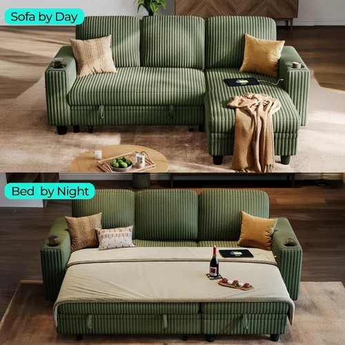 Miniatura 8 de LINSY HOME Sofá Seccional Cama con Sofá Cama Extraíble Convertible de Pana Suave Tipo Nube con Chaise de Almacenamiento y Carga USB, Cómodos Sofás