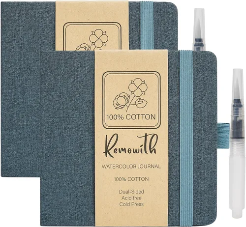 Miniatura 13 de Cuaderno de bocetos de acuarela, 5.5" x 5.5" Libros de bocetos para artistas, cuaderno de papel de acuarela de algodón, cubierta de lino con pluma