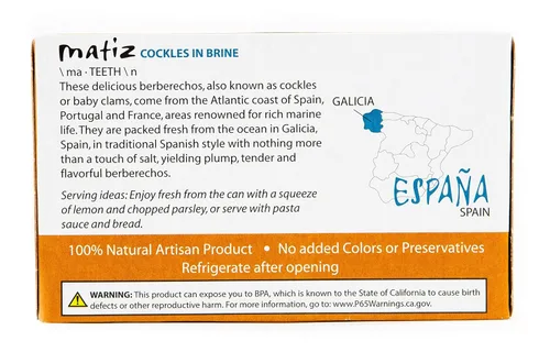 Miniatura 6 de Matiz Berberechos silvestres españoles de Galicia, España en salmuera natural de sal marina (4 oz.) Berberechos españoles, almejas pequeñas