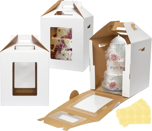 Wowxyz Paquete de 3 Cajas Altas para Pasteles de Niveles 10x10x12 Pulgadas Desechables Capas Altas para Hornear Pasteles con Ventana Grandes