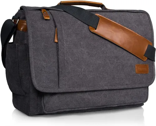 Miniatura 13 de ESTARER Bolsa de mensajero para laptop de 13 a 14 pulgadas, resistente al agua, bolsa de hombro de lona para universidad de negocios, gris
