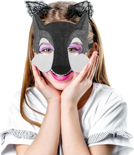 Miniatura 9 de STOBOK Máscara de lobo de 3 piezas, máscara de media cara de fieltro gris para Halloween, disfraz de cosplay para cumpleaños, carnaval, actuación