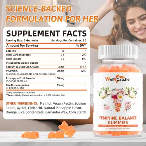 Miniatura 2 de Gomitas de equilibrio femenino prémium para mujer, gomitas probióticas de piña hawaiana para equilibrio del pH, salud vaginal y apoyo inmunológico
