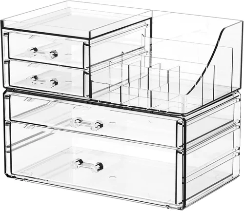 SUOXING Organizador de Maquillaje Acrílico Transparente para Tocador, Baño, Cómoda, Organizadores de Maquillaje de 4 Cajones para Mostrador,