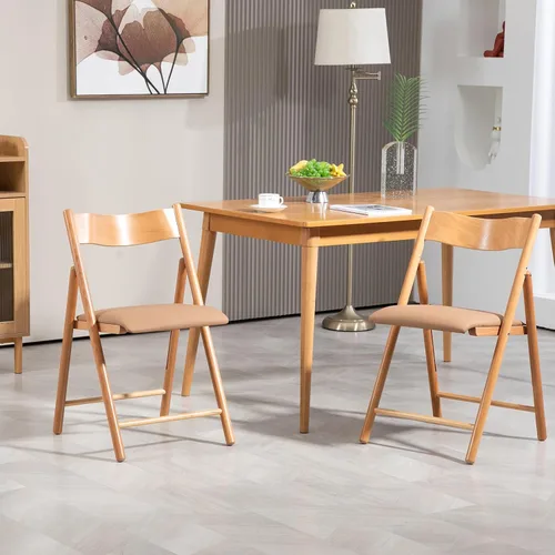 Miniatura 2 de Juego de 2 sillas plegables, sillas de comedor plegables de madera con cojín de piel sintética, paquete de 2 sillas portátiles y apilables para Caqui