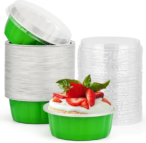 Miniatura 48 de Beasea Ramequines con tapas, 8oz 50 unidades de tazas de aluminio desechables para hornear, tazas de papel de aluminio plateado para creme brulee