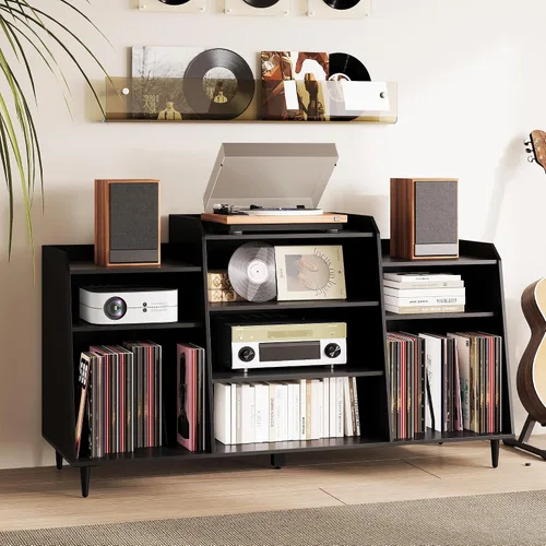 Miniatura 8 de Rresyet - Soporte para tocadiscos de 55 pulgadas con estación de carga, armario de almacenamiento de discos de vinilo de 4 niveles con estantes