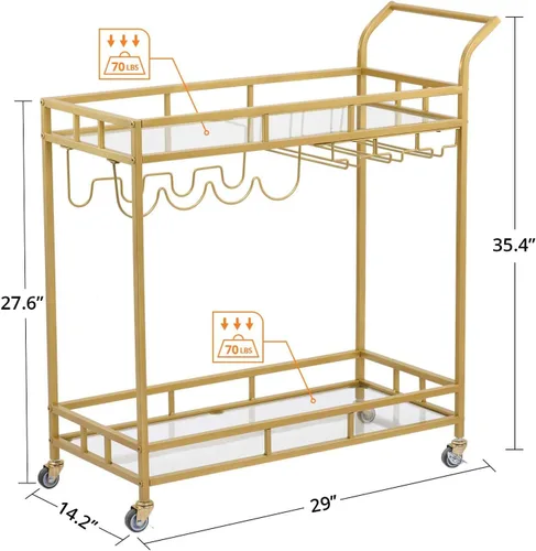 Miniatura 7 de GAOMON Carrito de bar grande dorado, carrito de servicio de bar en casa, carrito de vino con 2 estantes espejados, soportes para vino, soportes