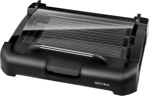 Secura Plancha Eléctrica sin Humo para Interiores de 1800 Vatios con Placas Reversibles 2 en 1 de Parrilla y Plancha, Tapa de Vidrio, Bandeja de