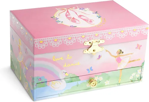 Miniatura 2 de Jewelkeeper Caja de almacenamiento de joyería musical para niña con cajón extraíble, diseño de arcoíris y lámina dorada, tono de lago de cisne