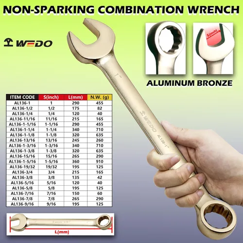 Miniatura 2 de WEDO Llave combinada sin chispas, llave combinada de seguridad sin chispas, bronce de aluminio, forja, DIN 3113, certificado BAM y FM, tamaño 1