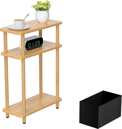 Miniatura 9 de THUMEYE Mesa auxiliar estrecha con cesta de tela, 7 pulgadas de ancho, mesa auxiliar delgada de 3 niveles con patas de madera, mesita de noche