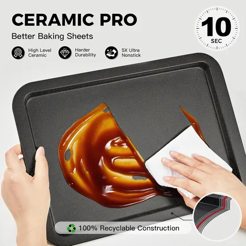 Miniatura 6 de HONGBAKE Juego de bandejas de cerámica para hornear, bandeja de galletas para horno, juegos de utensilios para hornear con agarres más anchos