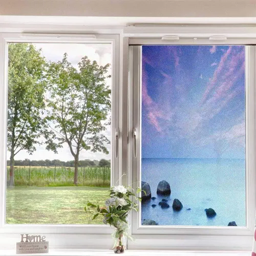 Miniatura 3 de Película esmerilada de playa para ventana, privacidad, costa del mar Báltico, vista al atardecer de otoño, rocas sobre turismo acuático, imagen