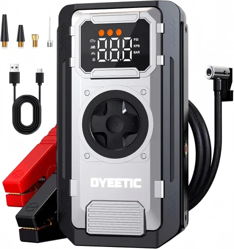 Arrancador de Coche Portátil con Compresor de Aire, Arrancador de Batería de Coche 5000A 150PSI (Motores de 10.0L Gasolina/8.0L Diésel), Caja de