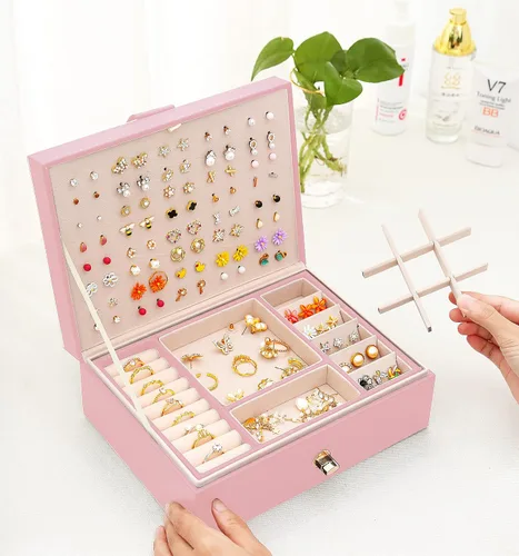 Miniatura 3 de QBestry Organizador de aretes de tuerca para niñas caja de joyería rosa para aretes collar organizador de joyas caja de aretes para mujer soporte