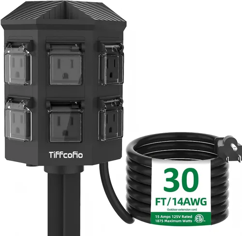 Miniatura 12 de TiFFCOFiO Regleta de Alimentación para Exteriores Resistente a la Intemperie, Cable de Extensión de 25 Pies con Estaca, 6 Enchufes con Conexión a