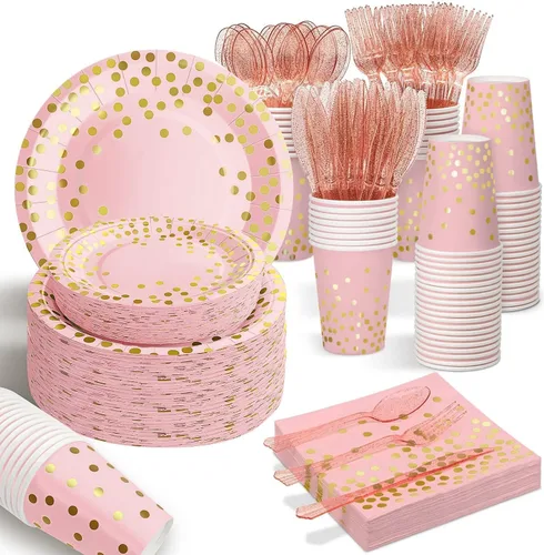 Miniatura 12 de AIRE 175 piezas platos de oro rosa suministros de fiesta sirve para 25 invitados decoraciones de fiesta desechables, tenedores cuchillos cucharas