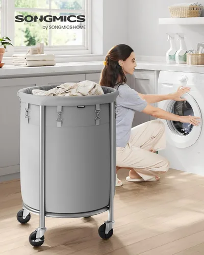 Miniatura 2 de Songmics – Cesta de lavandería de 29 galones (110 L) con ruedas, carrito rodante resistente redondo con marco de acero y bolsa extraíble, 2 ruedas