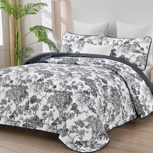 Miniatura 22 de WONGS BEDDING Juego de edredón botánico tamaño Queen, negro, 3 piezas, colcha con estampado floral de plantas Toile, juego de ropa de cama