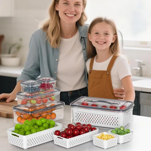 Miniatura 7 de 5 recipientes de almacenamiento de frutas para refrigerador con colador extraíble y tapa con asa, organizadores y almacenamiento de refrigerador