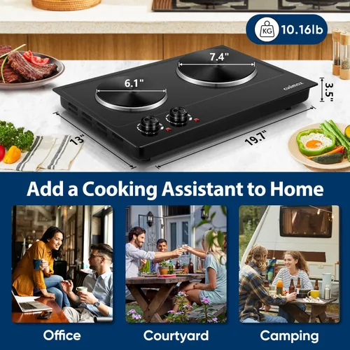 Miniatura 8 de CUSIMAX Placa caliente eléctrica de 1800 W, quemador doble de encimera para cocinar, quemador eléctrico portátil con control de temperatura Negro