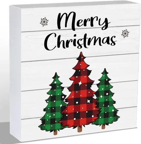 Decoraciones navideñas para interiores, decoración de Navidad, mesa, hogar, habitación, oficina, baño, búfalo, caja de madera, letrero de madera